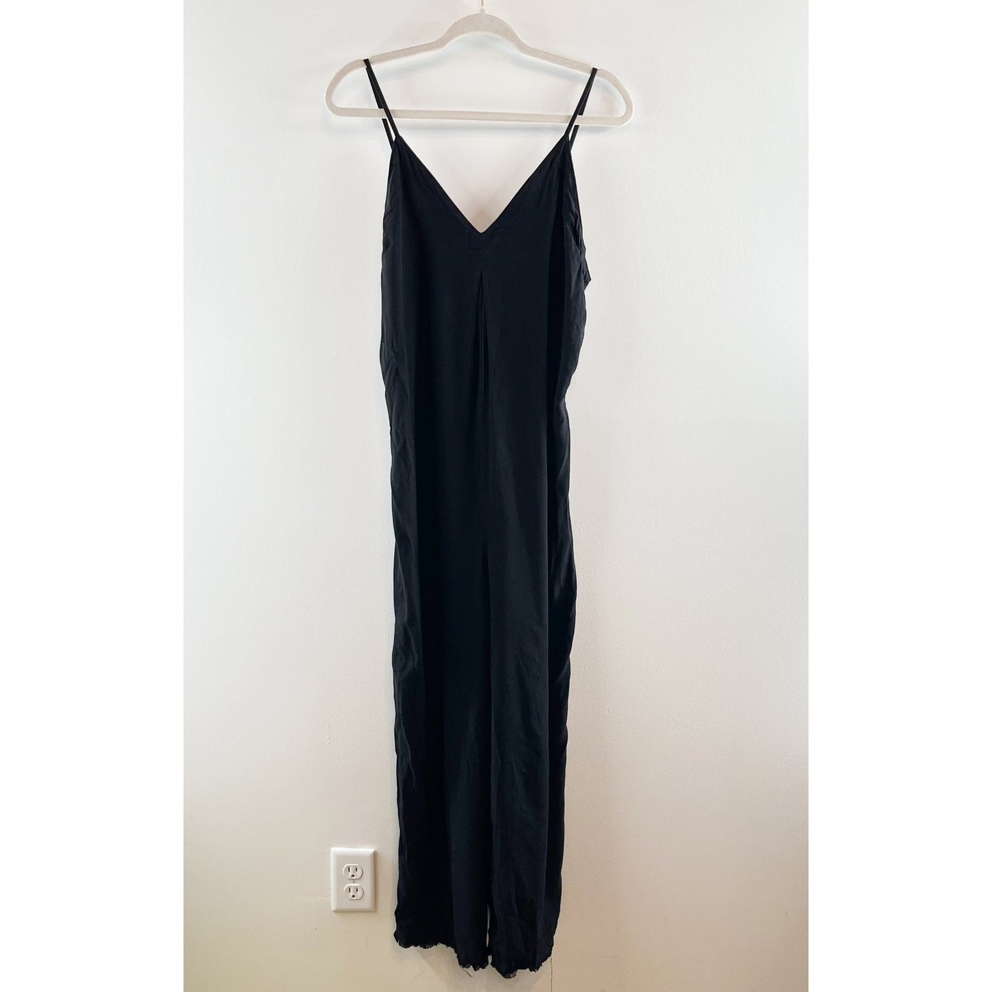 NSF Sleeveless V-Neck Frayed Hem One Piece Wide Leg Jumpsuit Black Small