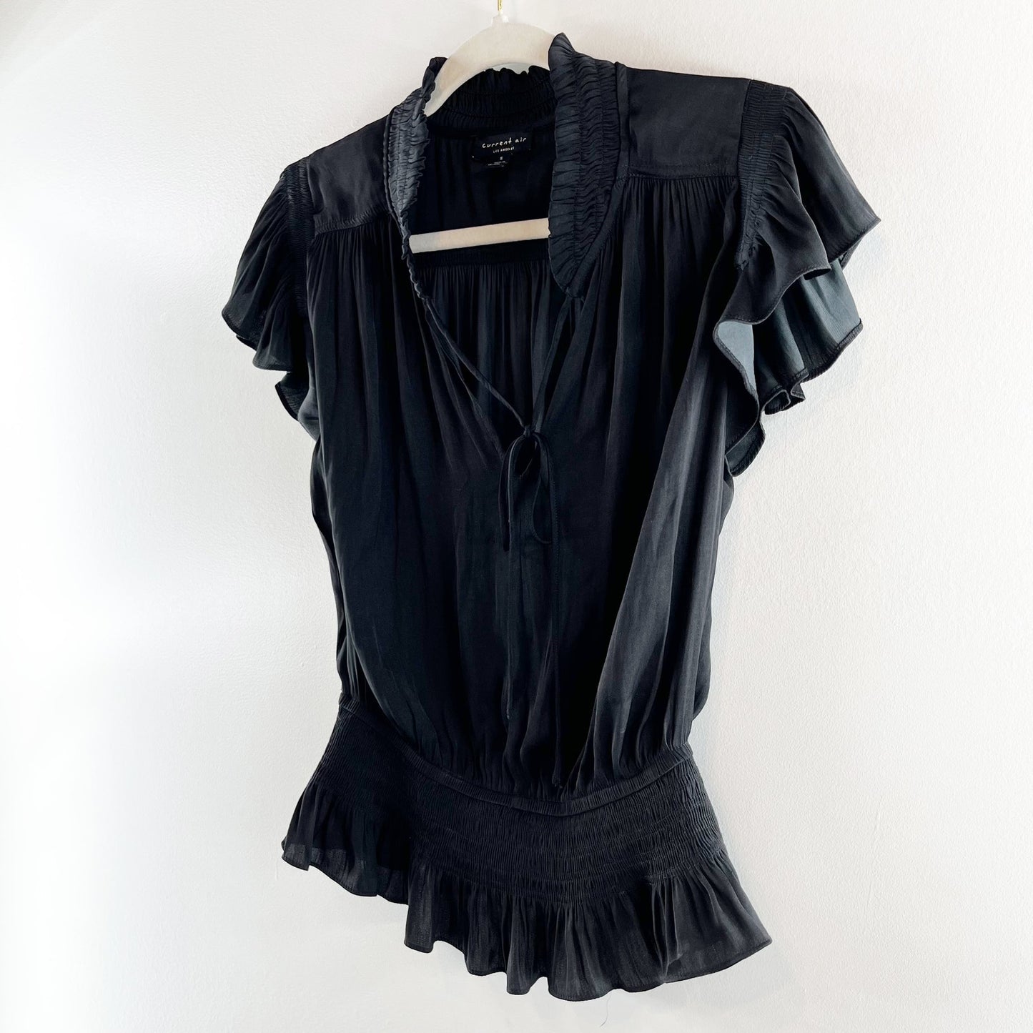 Current Air Los Angeles V-Neck Flutter Sleeve Smocking Waist Blouse Black Small