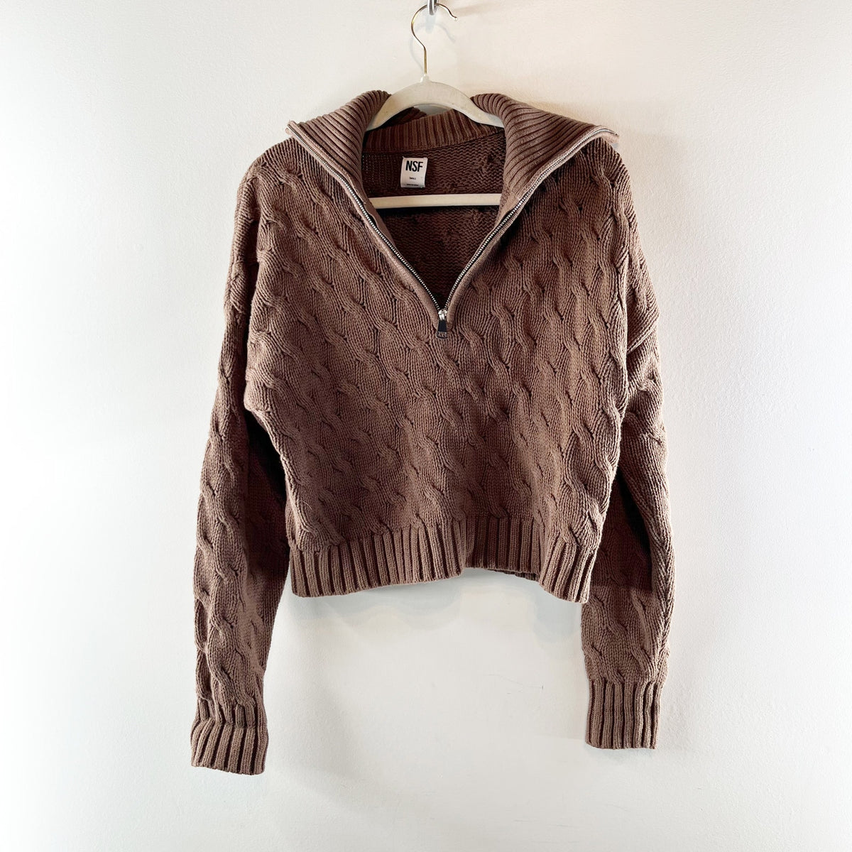 NSF Aminah Cable Knit 1/2 Zip Long Sleeve Sweater Pullover Brown Small