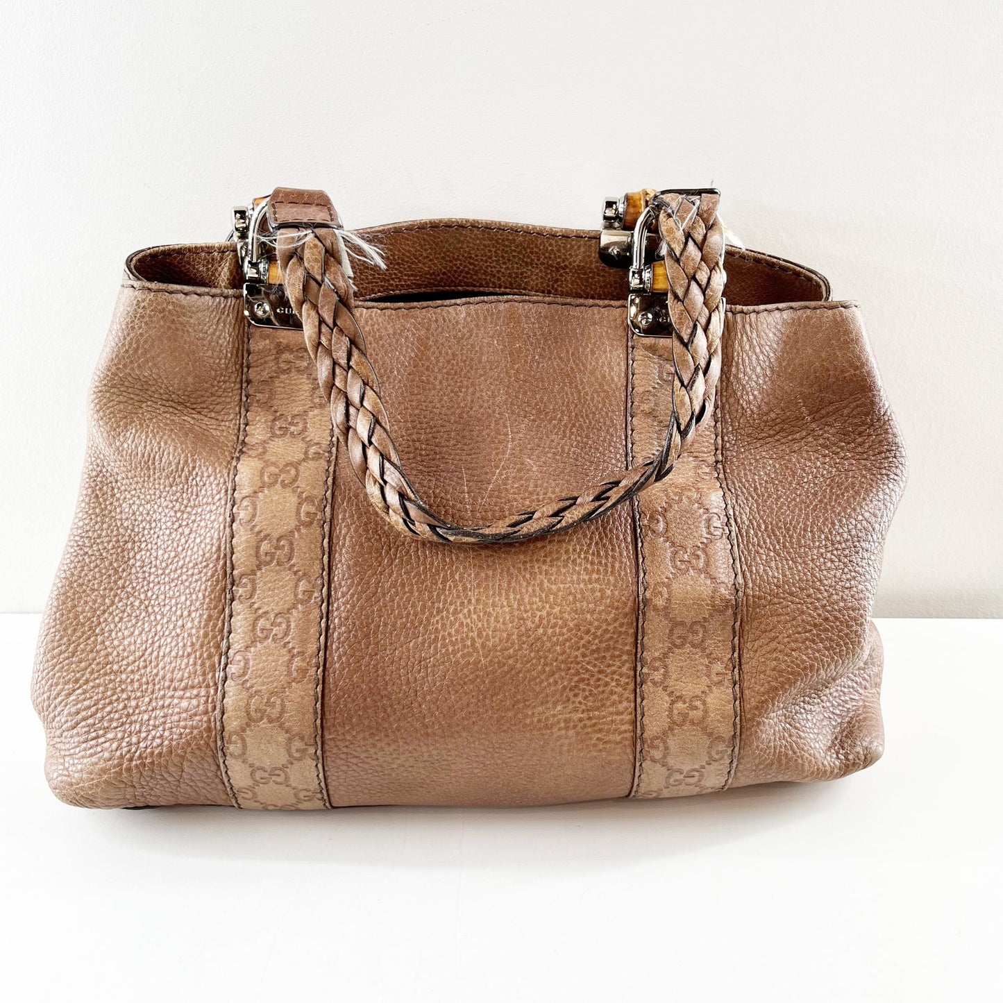 Gucci GG Vintage Signature Leather Bamboo Bar Woven Handles Tote Bag Purse Brown