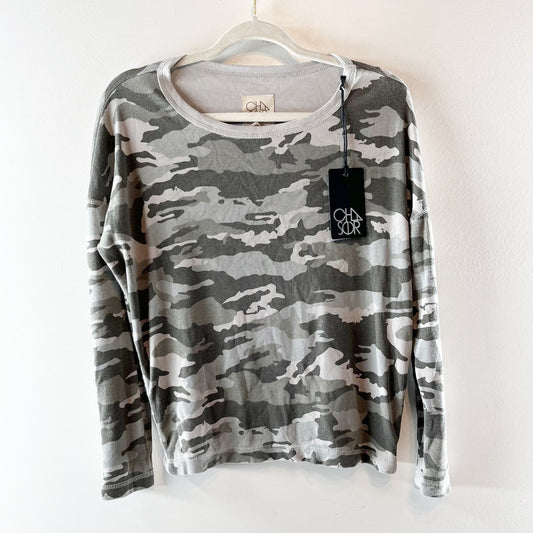 Chaser Camo Print Long Sleeve Scoopneck Top Green XS
