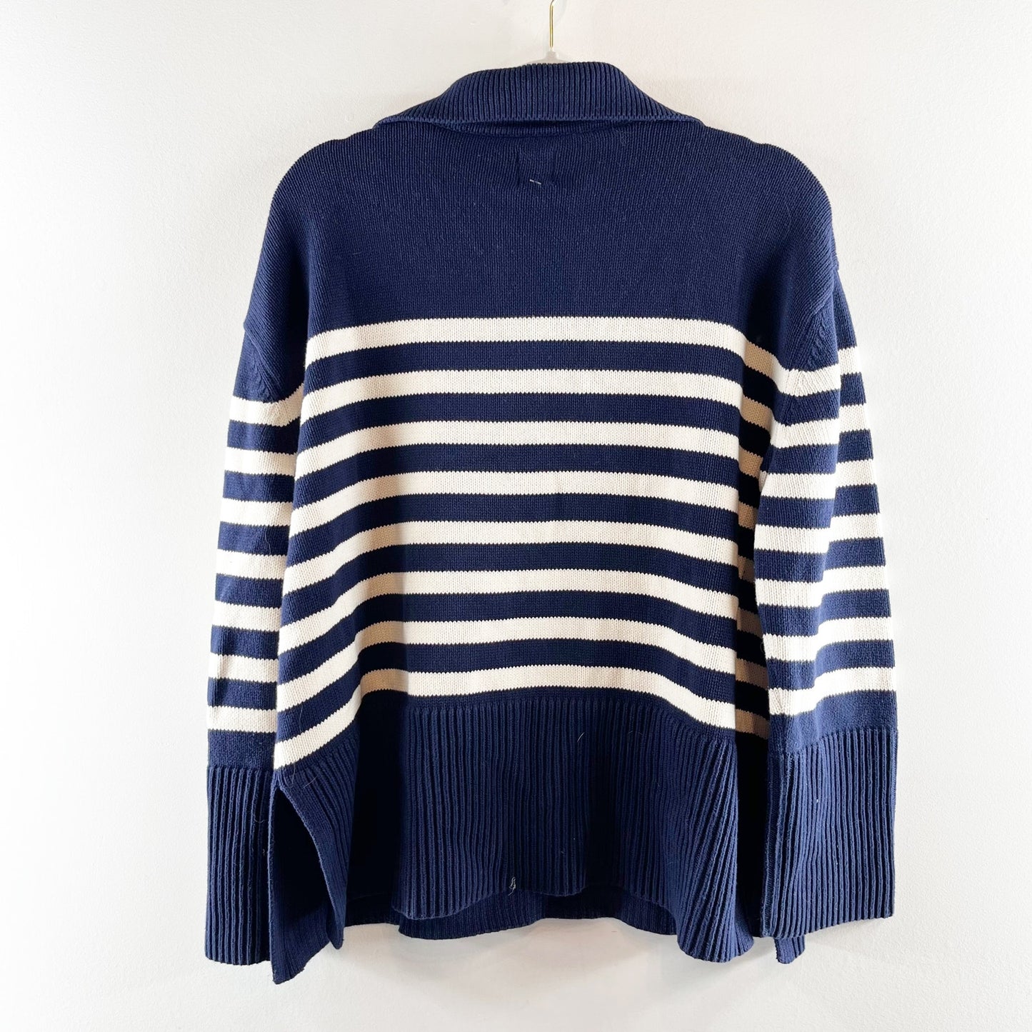 GAP 24/7 Split Hem Striped Long Sleeve Polo Sweater Navy Blue Medium