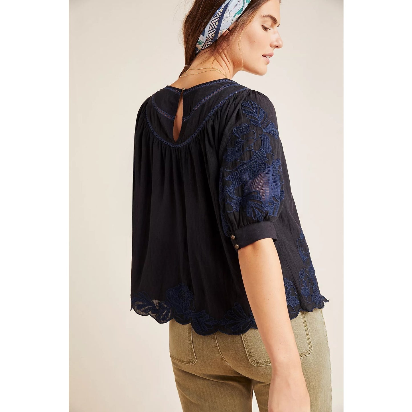 Anthropologie Salma Embroidered Peasant Blouse Navy Blue 0 Petite