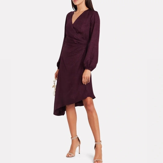 Intermix Nadia Long Sleeve Dot Silk Asymmetrical Mini Dress Purple 0
