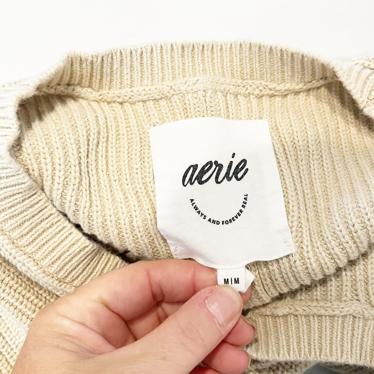 Aerie Beyond Ribbed Long Sleeve Cropped Scoopneck Sweater Tan Beige Medium