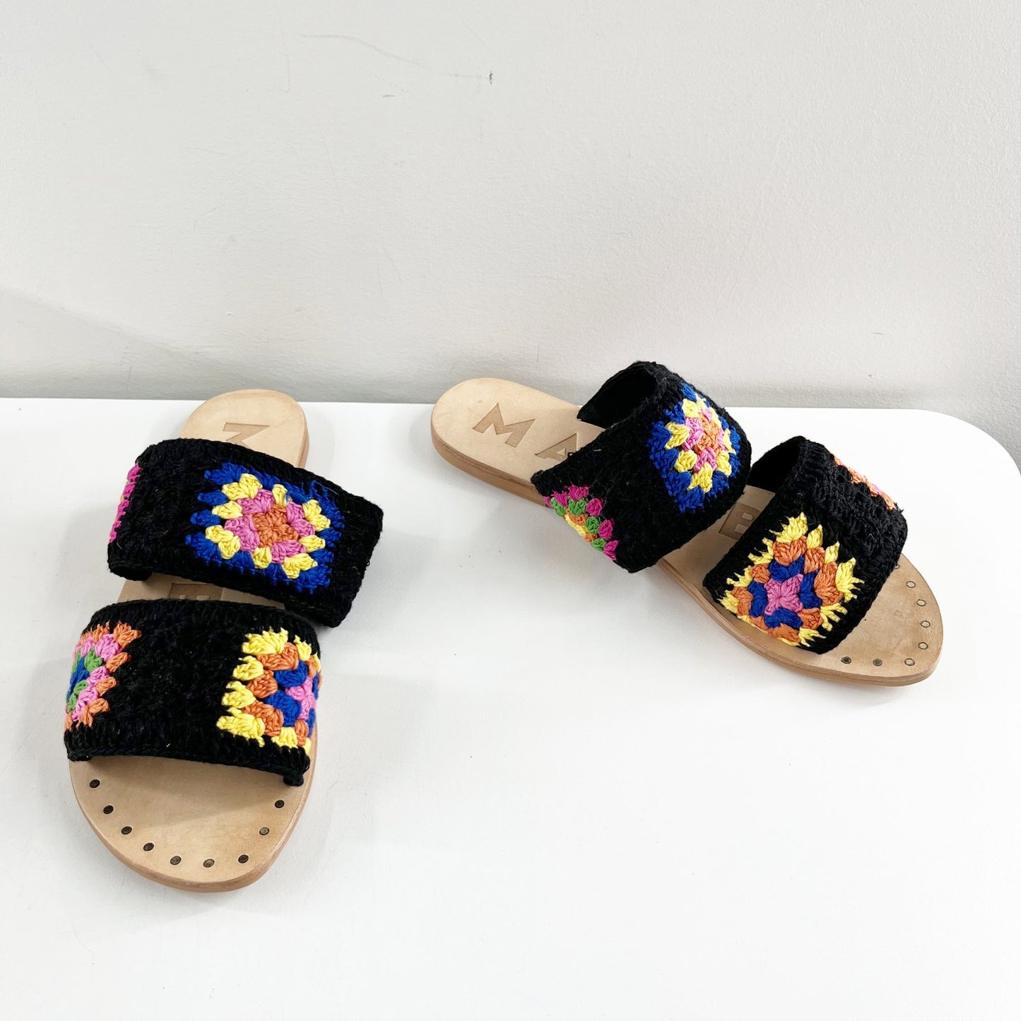 Manebi Cotton Crochet Two Strap Flat Sandals Yucatan Black Sunset Orange 38