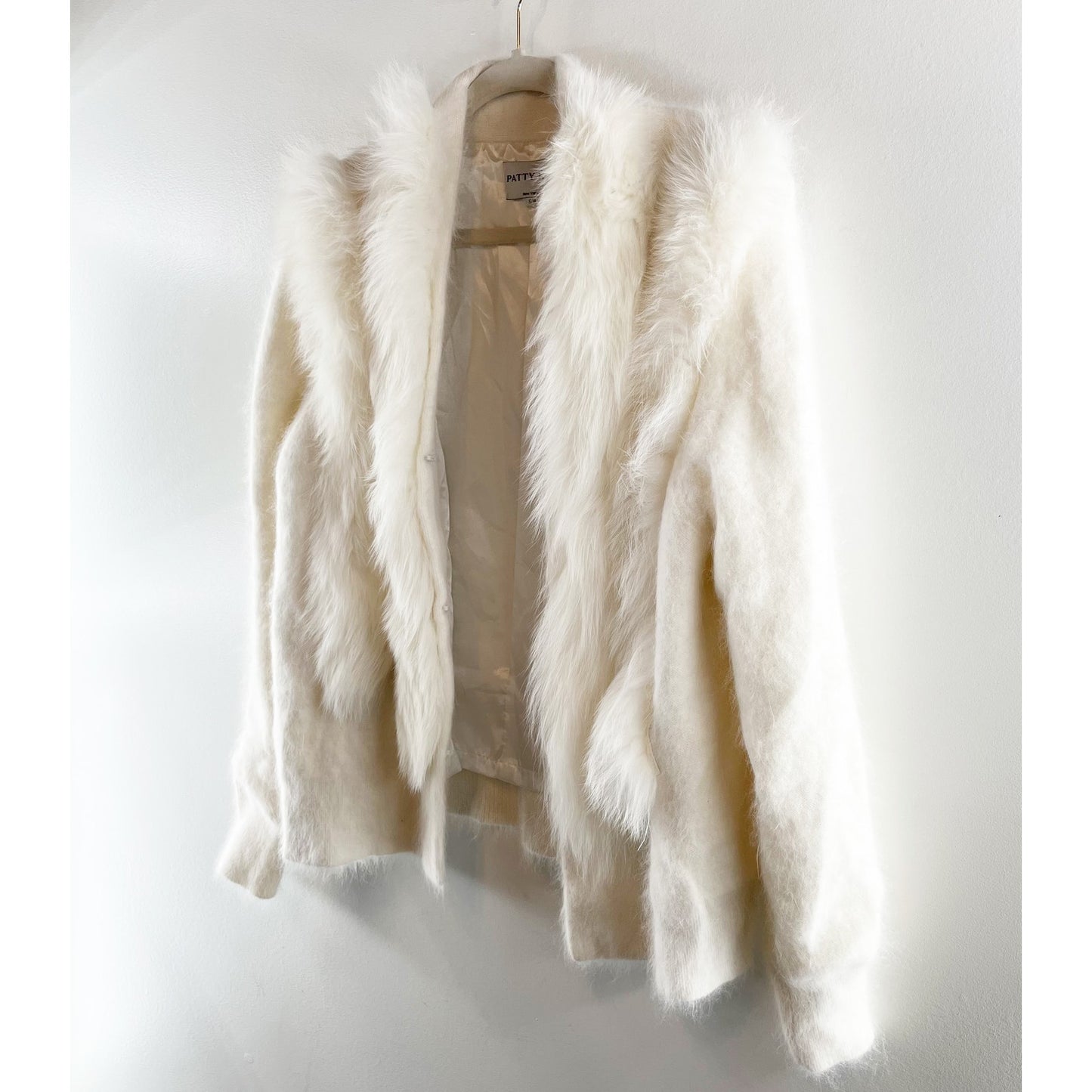 Patty Kim Long Sleeve Rabbit Fur Open Front Cardigan Sweater Cream Small / M