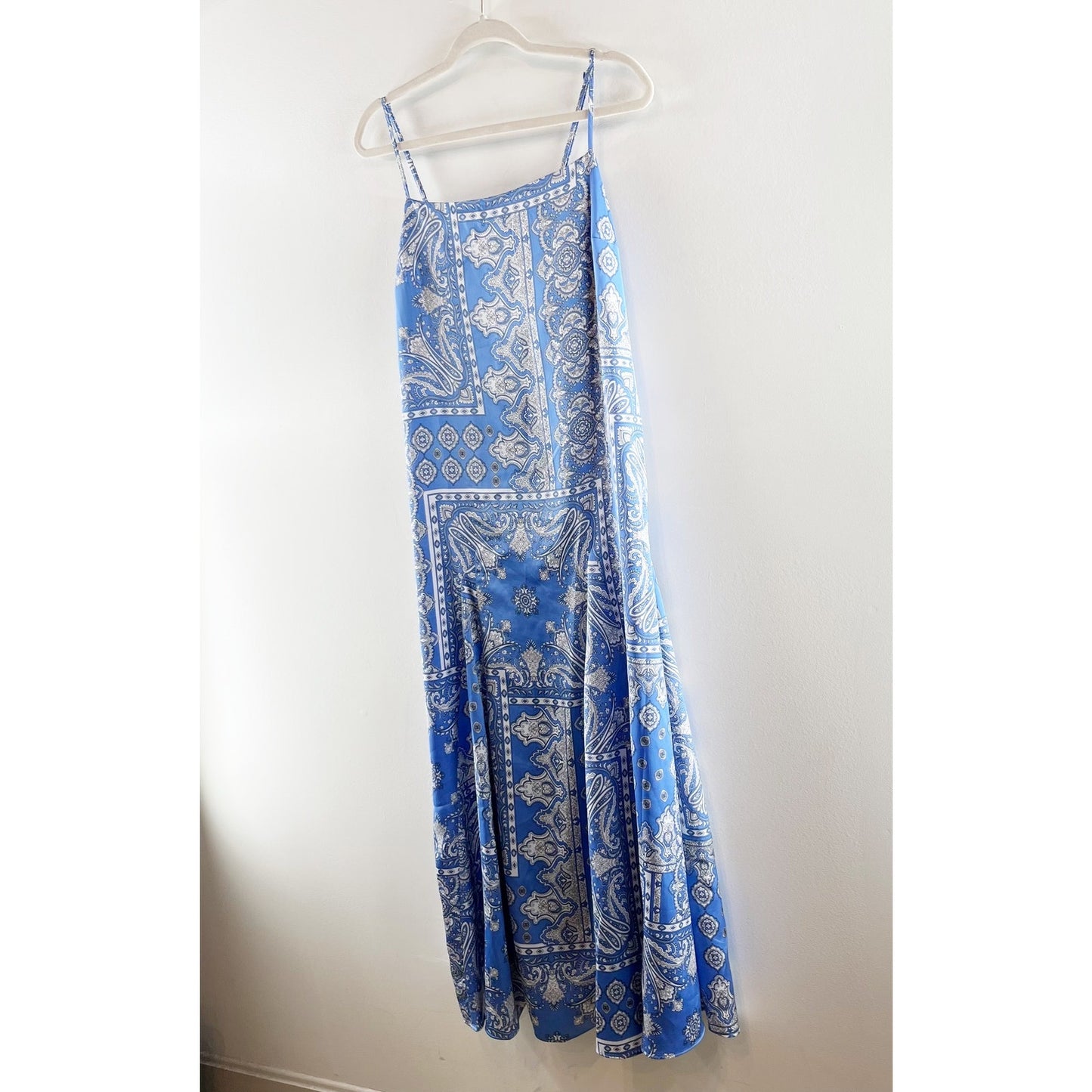 Loft Square Neck Bandana Print Slip Midi Satin Dress Blue 8