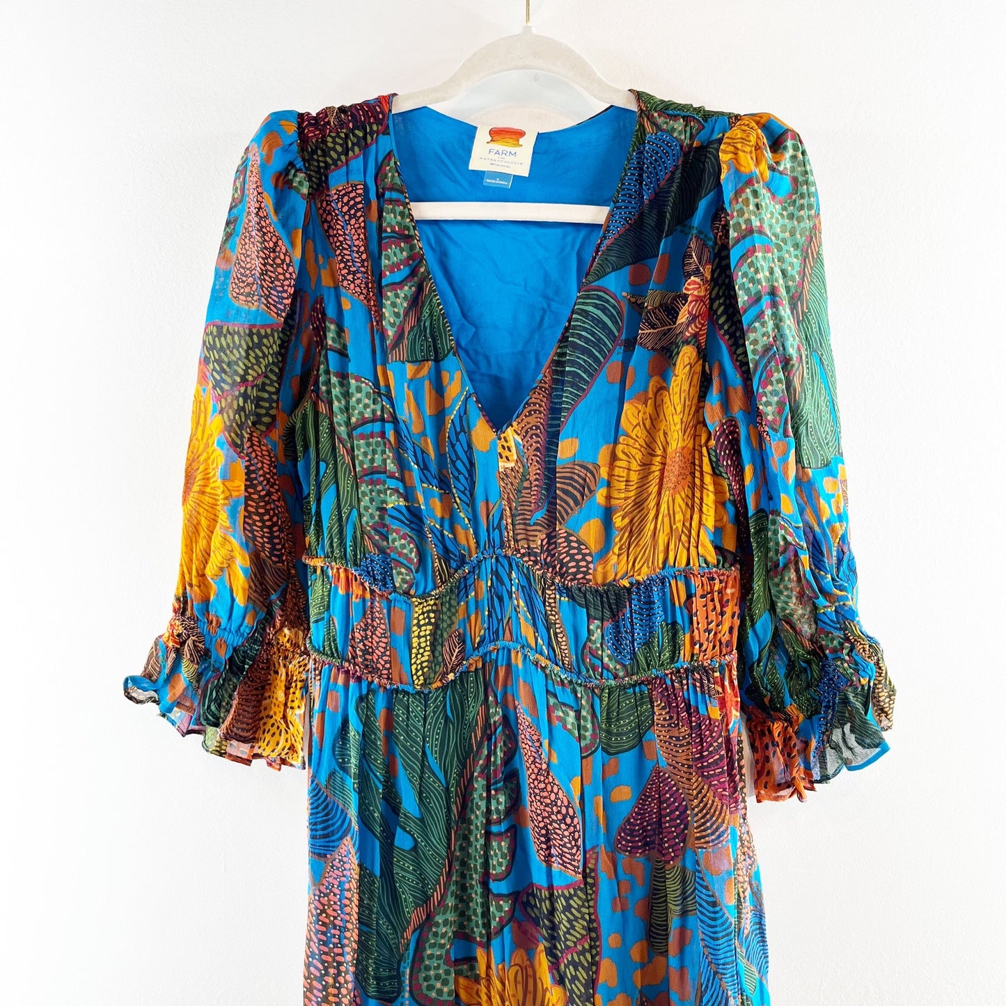 Farm Rio Anthropologie Puff-Sleeve Smocked Tiered Maxi Dress Blue Small