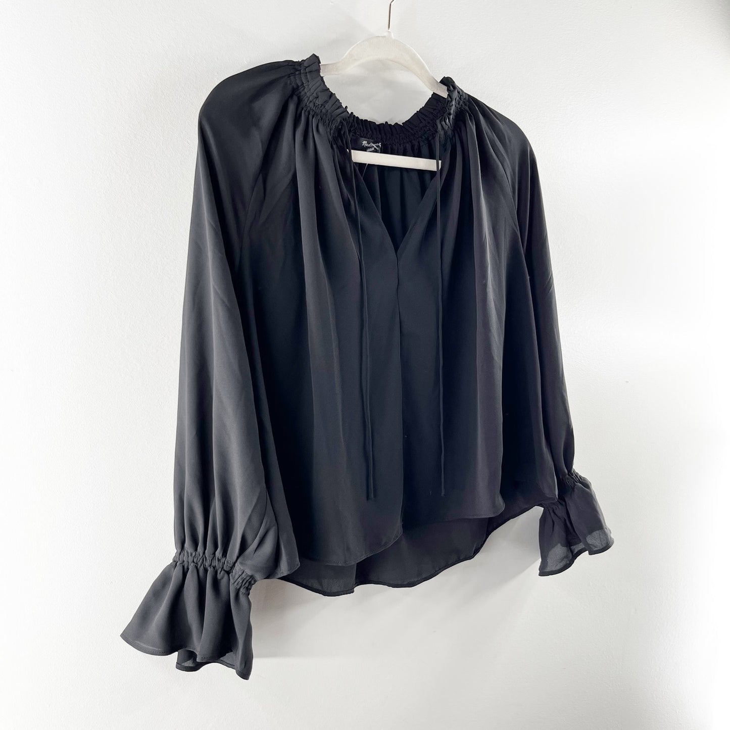 Madewell Long Sleeve Tie Front Blouse Top Black XXS