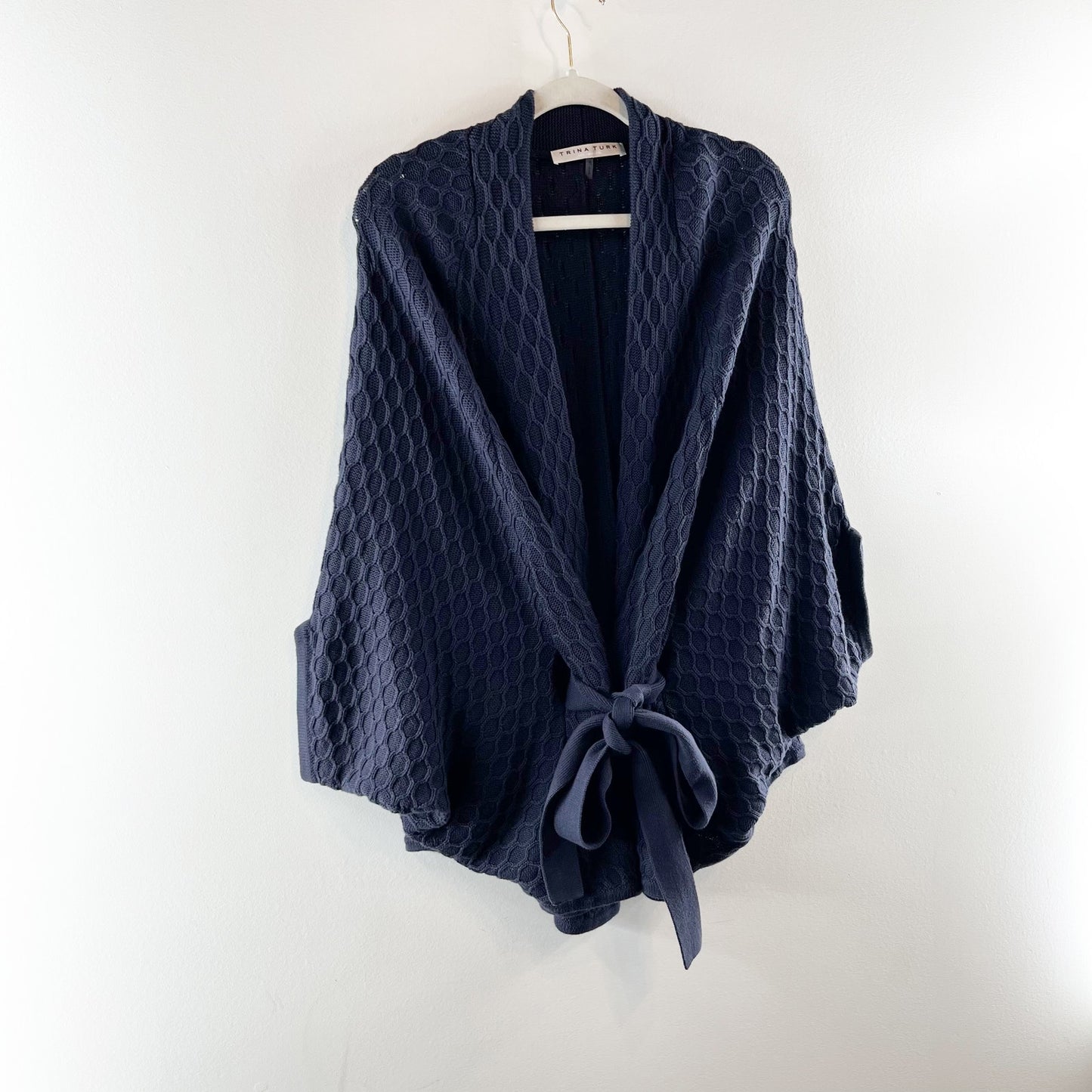 Trina Turk 100% Cotton Honeycomb Tie Front Knit Poncho Sweaters Navy Blue Small