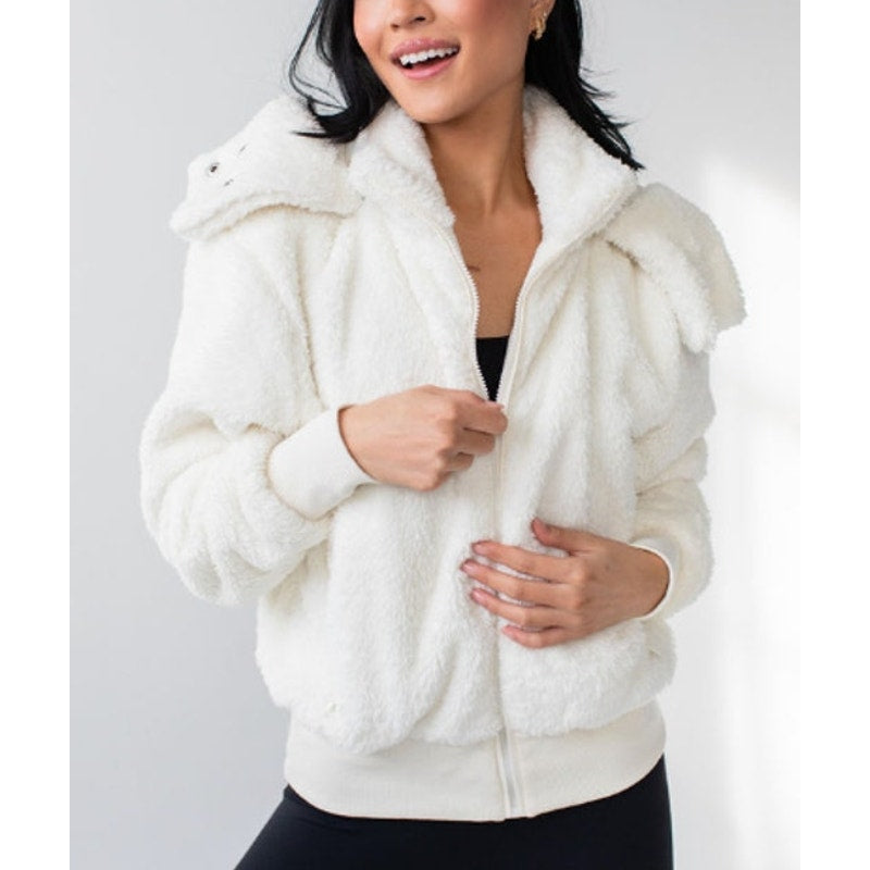 Savvi Amy Long Sleeve Full Zip Sherpa Fleece Jacket with Hood Cream Medium