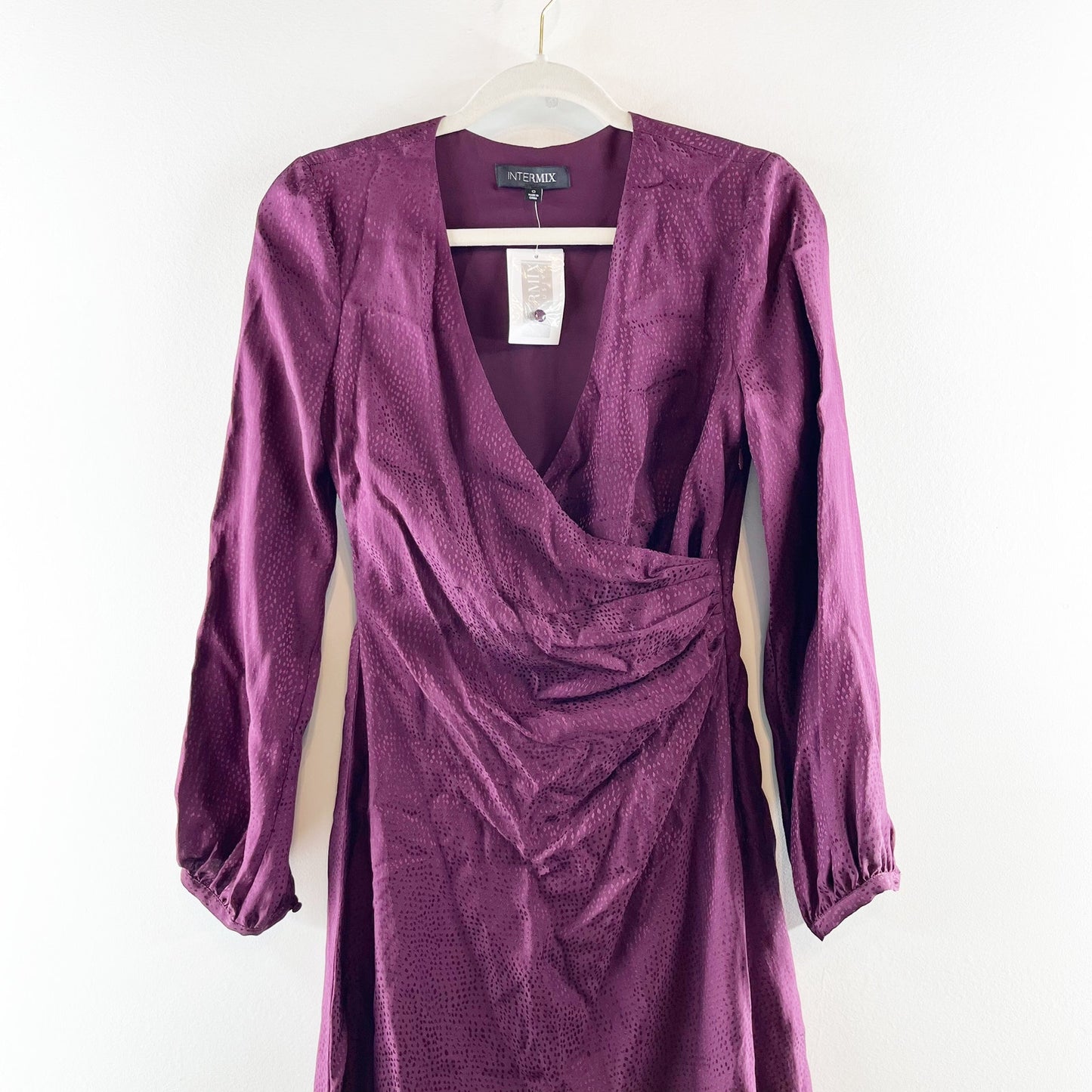 Intermix Nadia Long Sleeve Dot Silk Asymmetrical Mini Dress Purple 0