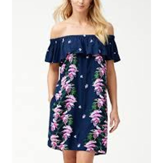 Tommy Bahama Off The Shoulder Ruffle Floral Mini Dress Blue Pink Small
