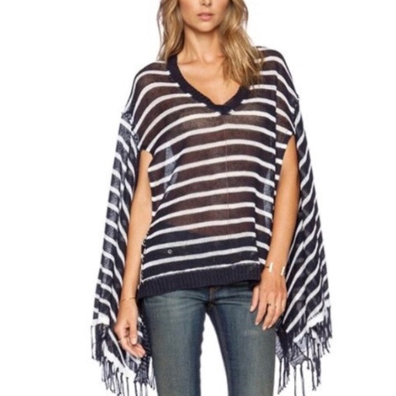 525 America Linen Striped Fringe Trim Poncho Sweater Navy Blue White XS / S