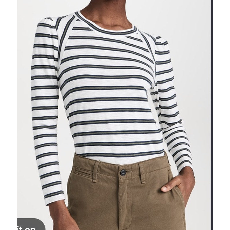 Veronica Beard Delano Puff Long Sleeve Striped Tee Shirt Top Black White XS