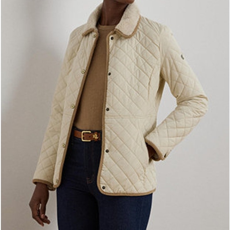 Ralph Lauren Quilted Snap Button Up Sherpa Collar Jacket Cream Large