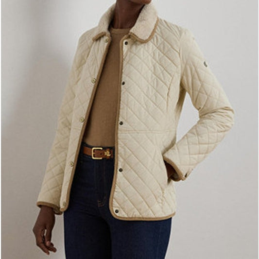 Ralph Lauren Quilted Snap Button Up Sherpa Collar Jacket Cream Large