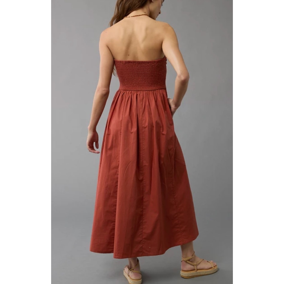American Eagle Strapless Ruched Poplin Midi Dress Terracotta Medium