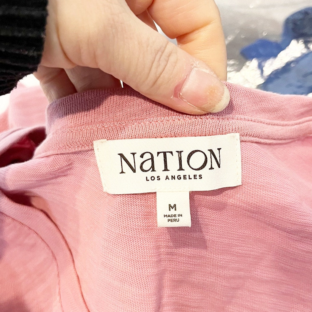 Nation LTD Cooper V Neck Pima Cotton Peated Shoulder Tee Shirt Pink Medium