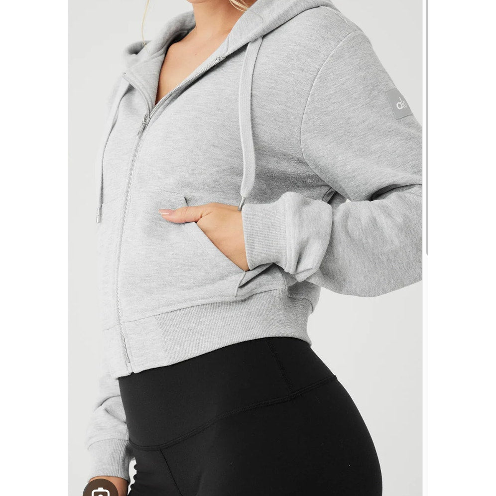 Alo Routine Cropped Full Zip Up Hoodie Sweatshirt Athletic Heather Gray Small