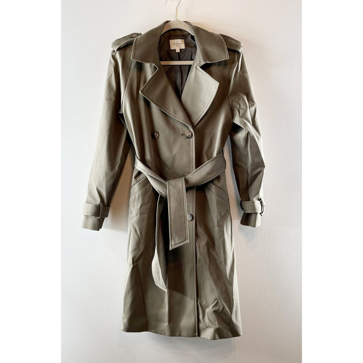 Sezane Midi Long Sleeve Belted Trench Coat Olive Green XS