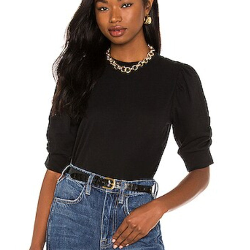 FRAME Frankie Elbow Length Crewneck Cotton Tee Shirt Top Black Small
