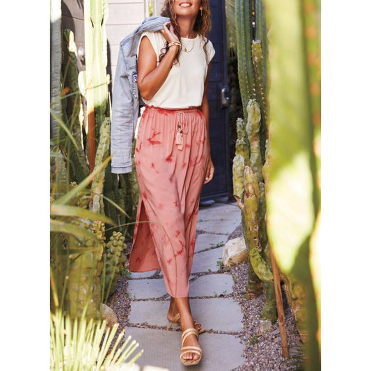 BB Dakota Slit Tie Dye Boho Midi Slip Skirt Pink Small