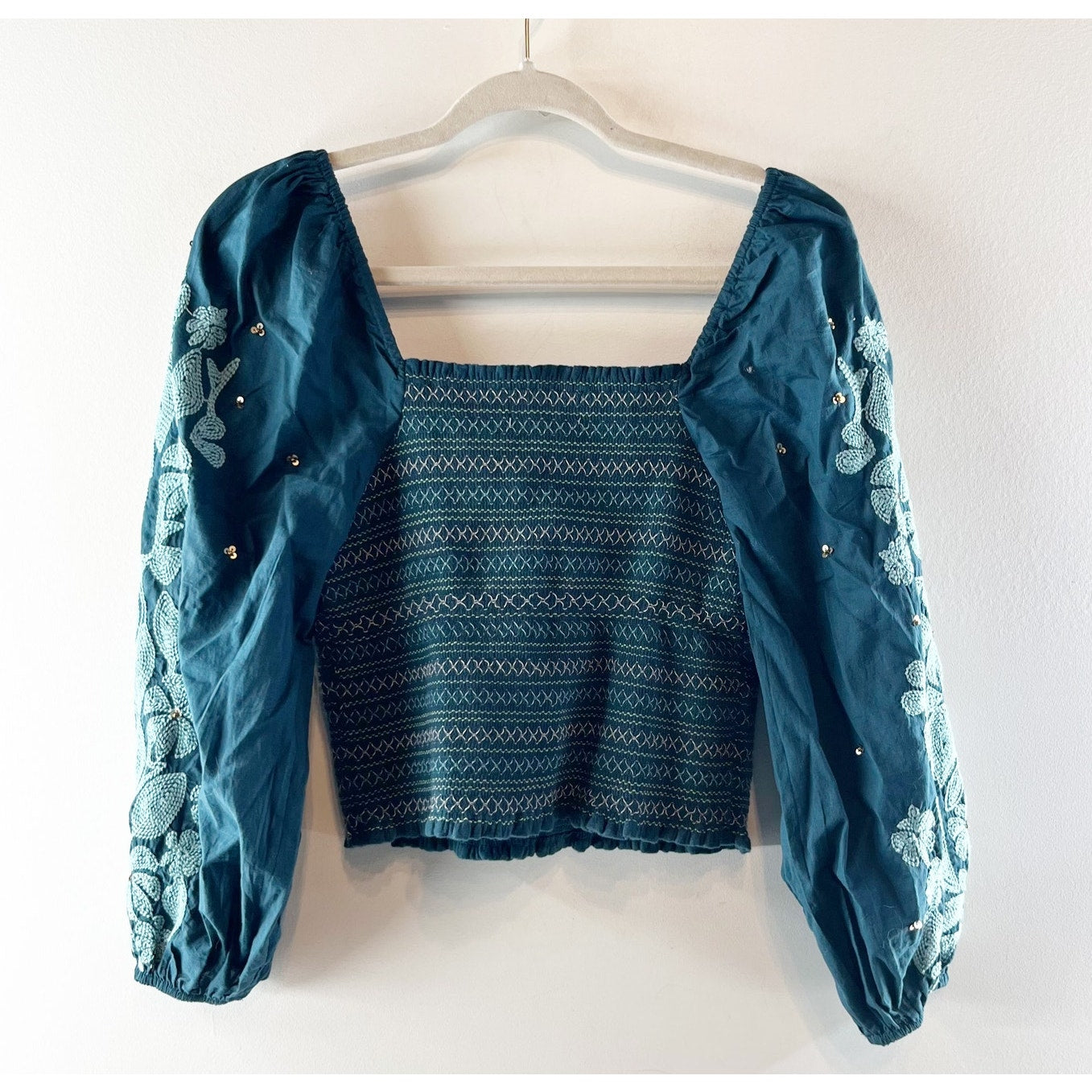 Anthropologie Long Balloon Sleeve Embroidered Smocked Cotton Blouse Green XS