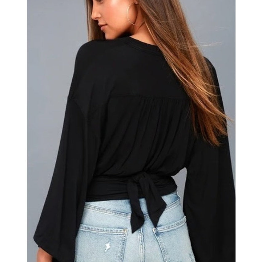 Free People Thats a Wrap Bell Long Sleeve V-Neck Crop Top Black Small