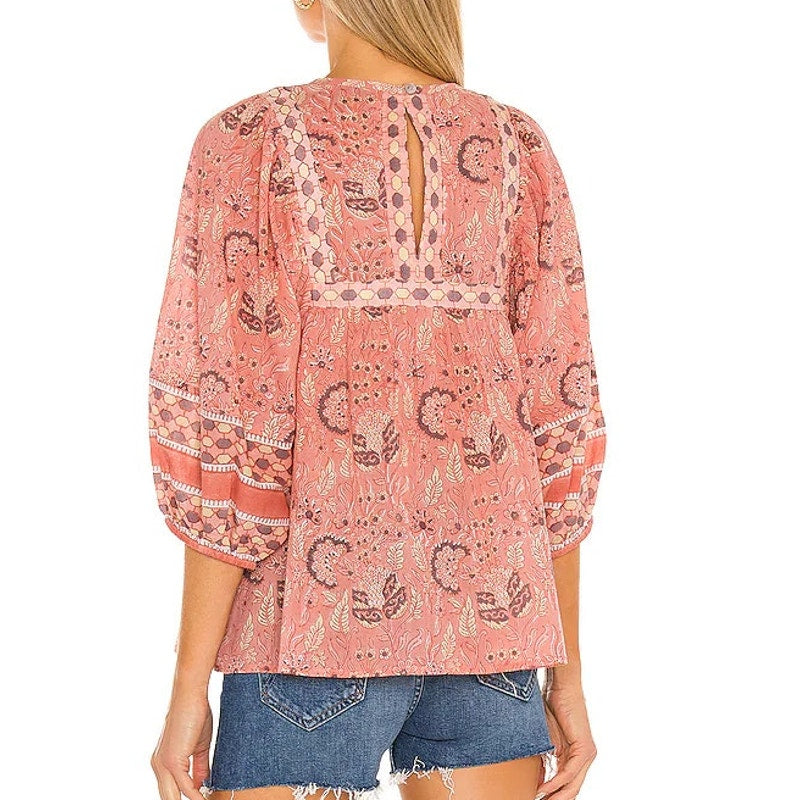 Cleobella Amarills Floral Blouson Sleeve Split Neck Blouse Top Cherry Blossom S