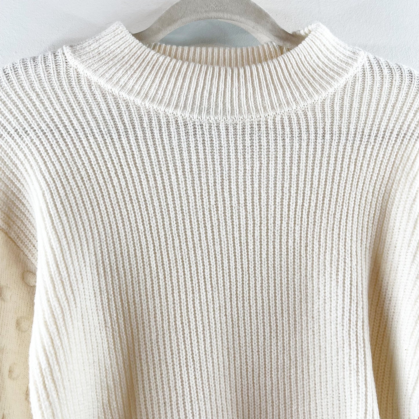 CeCe Puff Sleeve Bubble Ribbed Sweater in Antique White Small