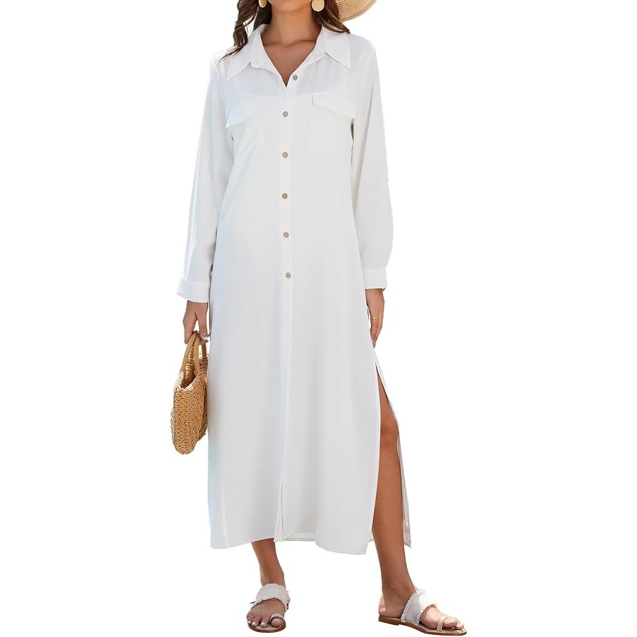 BSUBSEACH Long Sleeve Collared Neck Button-Up Cover-Up Maxi Shirt Dress White M