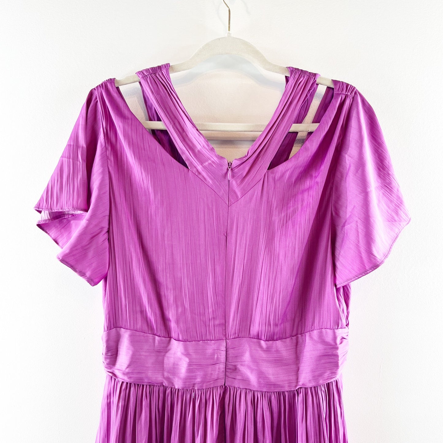 Anthropologie Short Sleeve Pleated Deep V-Neck Vibrant Mini Dress Purple 12