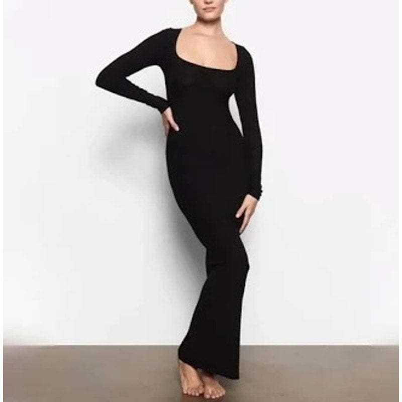 Skims Long Sleeve Soft Lounge Square Neck Ribbed Maxi Dress Onyx Black 2X