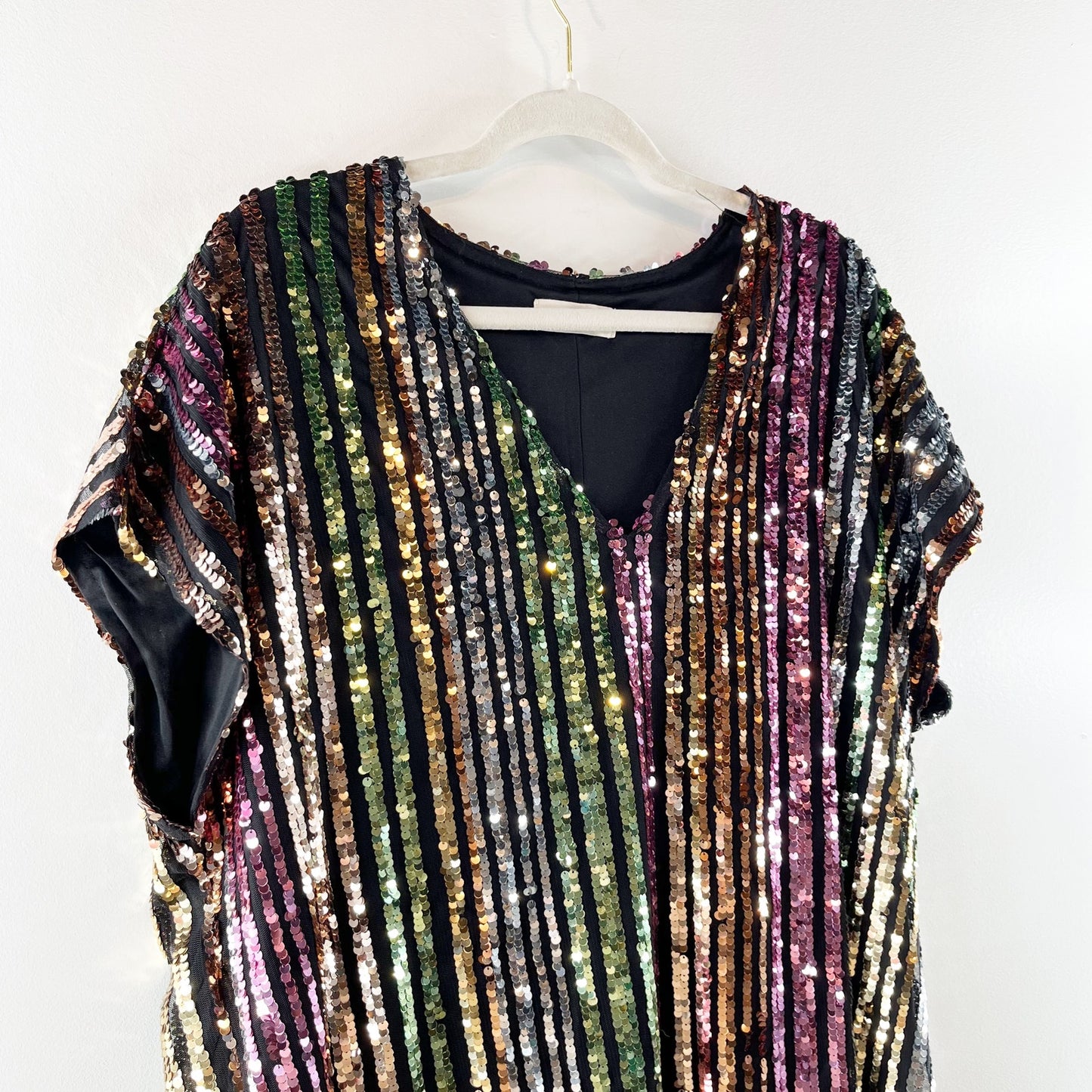 By Together Rainbow Striped V neck Short Sleeve Sequin T-Shirt Mini Dress Medium