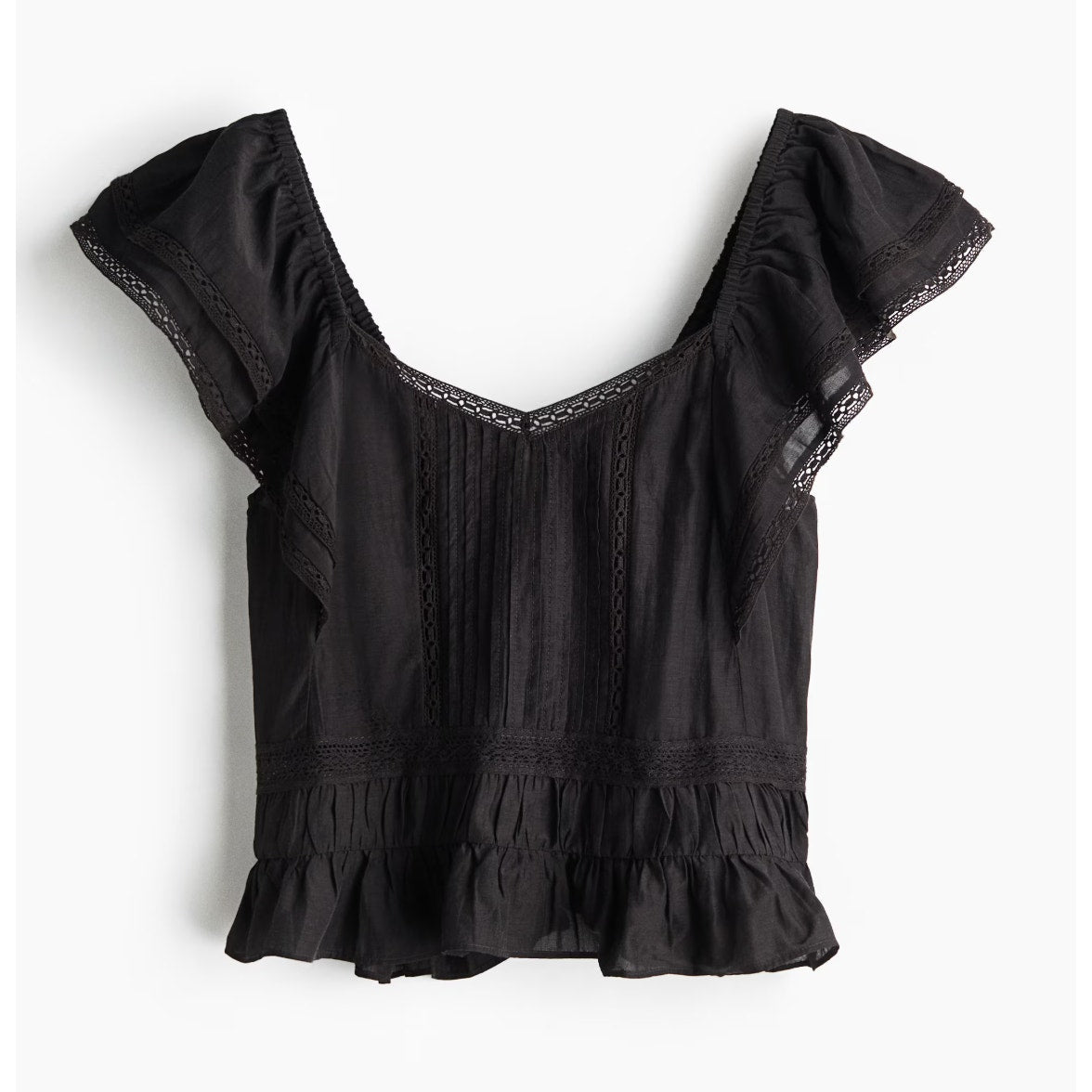H&M Cotton Blend Cap Sleeve Lace Trim Blouse Top Black Small