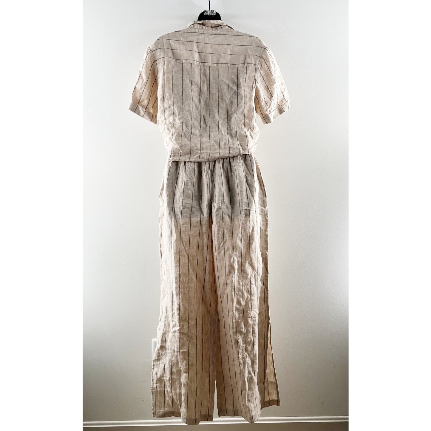 Sanctuary Short Sleeve Button Up Crop Top Wide Leg Linen Pants Set Tan Beige XS
