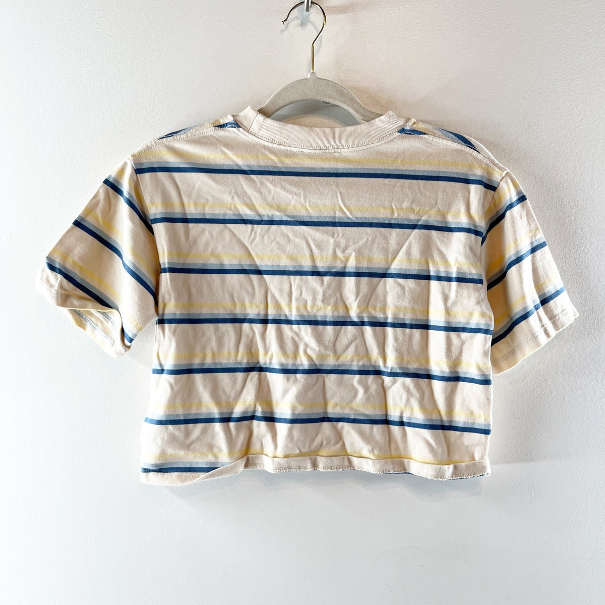 Sezane Short Sleeve Striped Cropped Boxy Tee Shirt Cream Blue XS