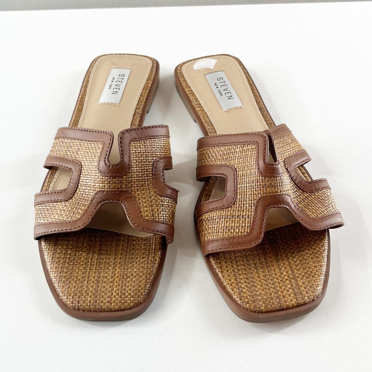 Steven New York Harlien Woven Leather Slide Open Toe Slide Sandals Brown 7.5