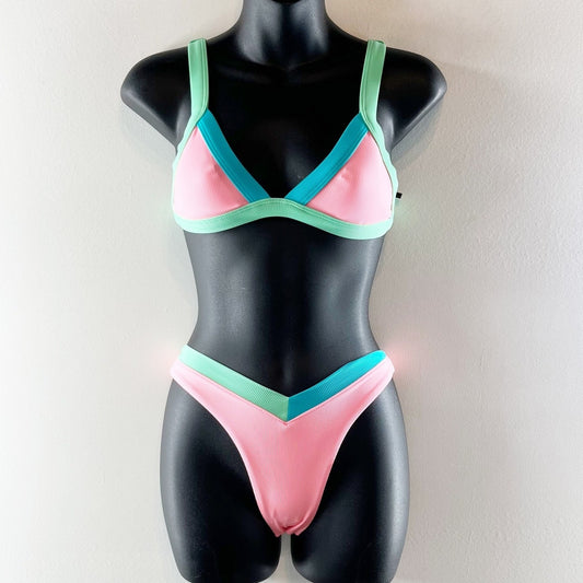 One One Swimwear Triangle Ribbed Colorblock Cheeky Bikini Pink Blue Green XS