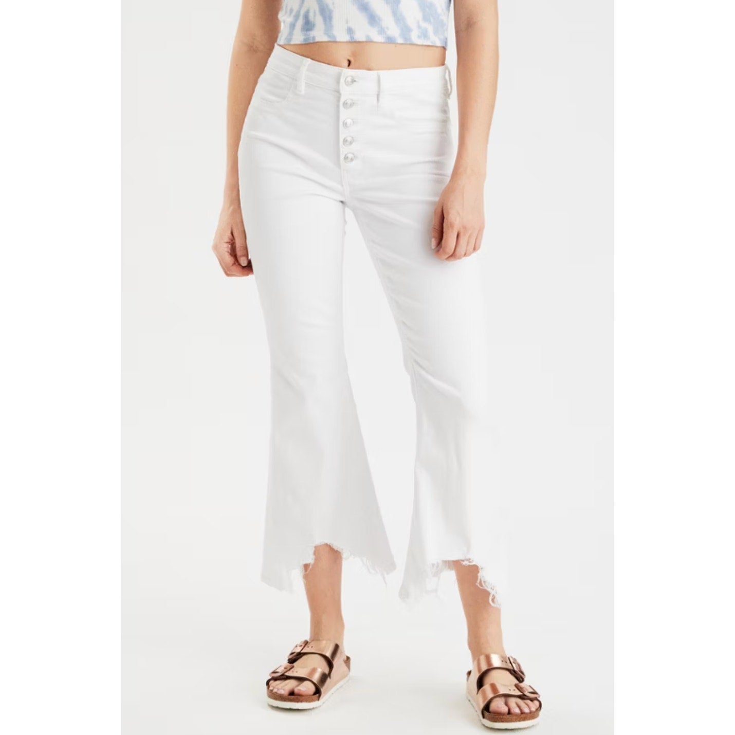 American Eagle Super Hi Rise Crop Flare Chewed Hem Jeans White 29 Short