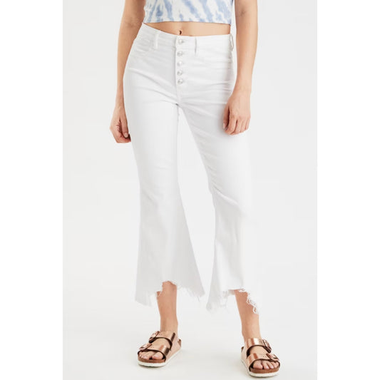 American Eagle Super Hi Rise Crop Flare Chewed Hem Jeans White 29 Short
