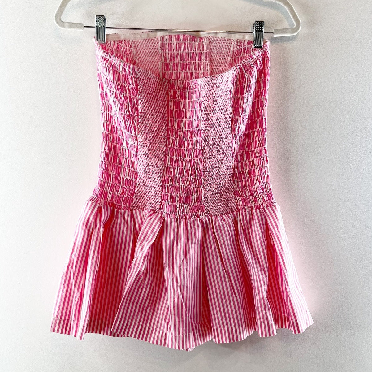 Celandine Anthropologie Strapless Drop-Waist Mini Striped Romper Red Pink Small
