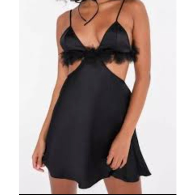 For Love & Lemons Satin Tulle Trim Cutout Mini Slip Dress Black Medium