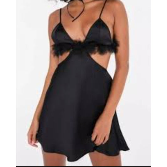 For Love & Lemons Satin Tulle Trim Cutout Mini Slip Dress Black Medium