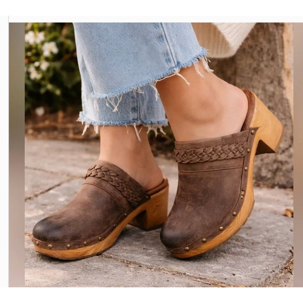 Kork Ease Tilly Braided Trim Leather Slip On Block Heel Clogs Brown 7