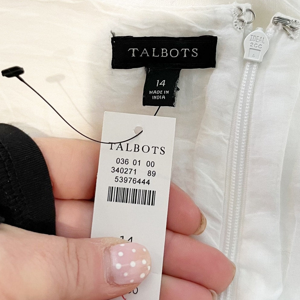 Talbots Linen Floral Embroidered Hem Sleeveless Shift Dress White 14