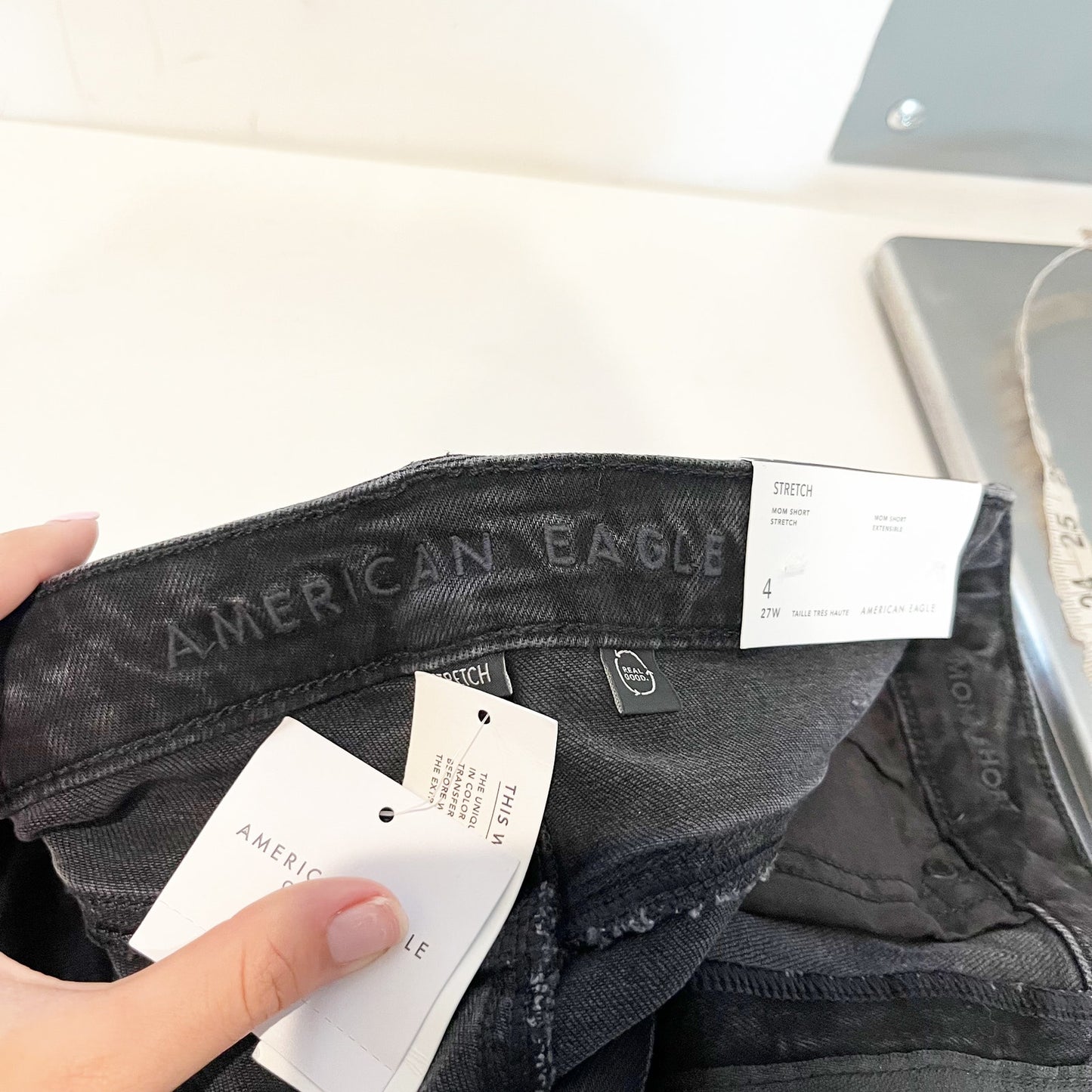American Eagle Outfitters High Waisted Stretch Denim Mom Jean Short Black 4