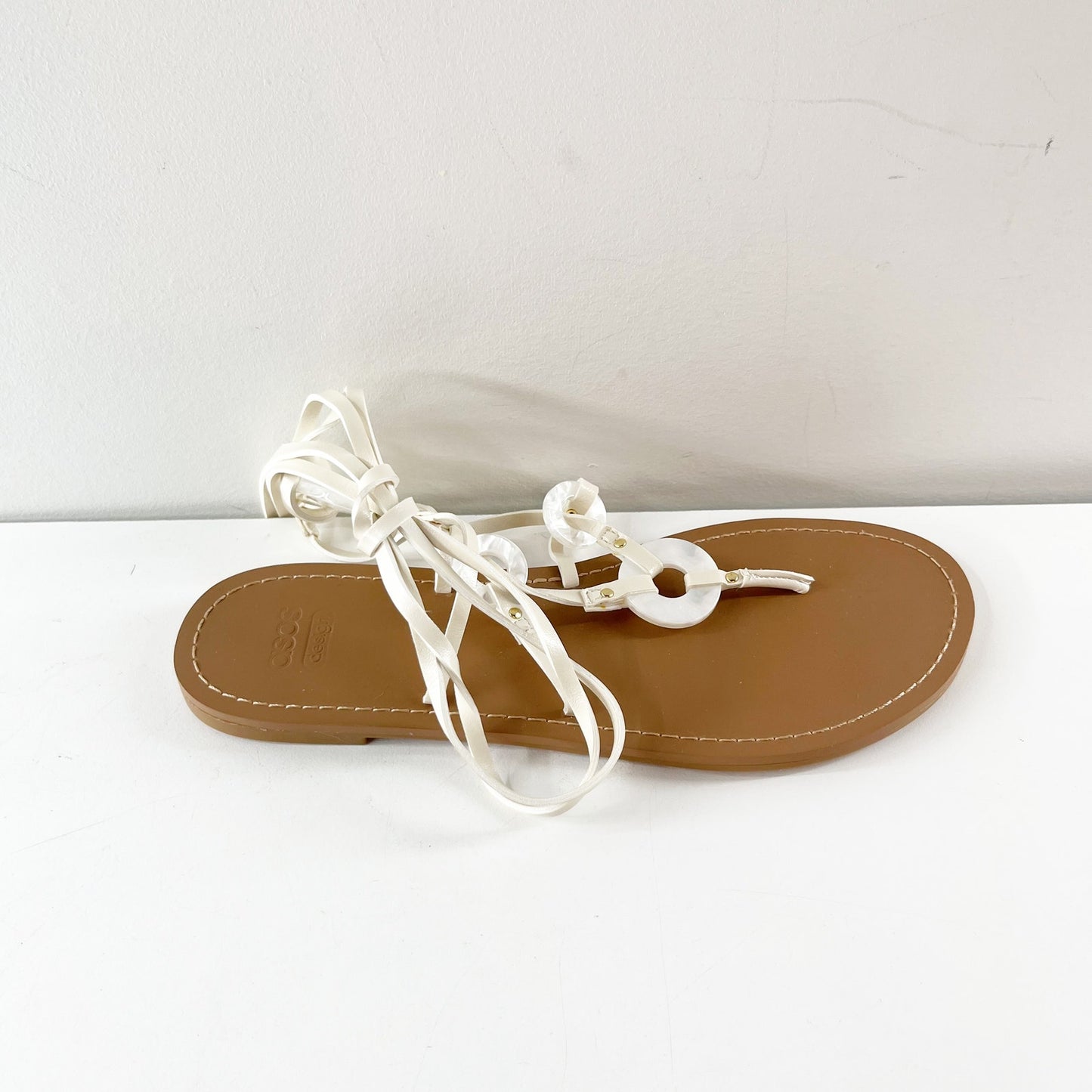 ASOS Fiona Slip On Tie Strap Flat Thong Sandals White US 7